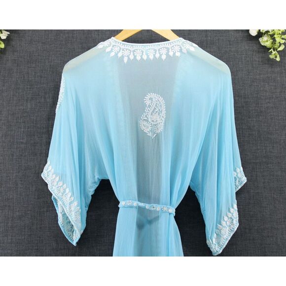Elizabeth Hurley Beach Blue Aqua Embroidered Sheer Silk Resort Cover Up Sz S/M - Picture 4 of 5